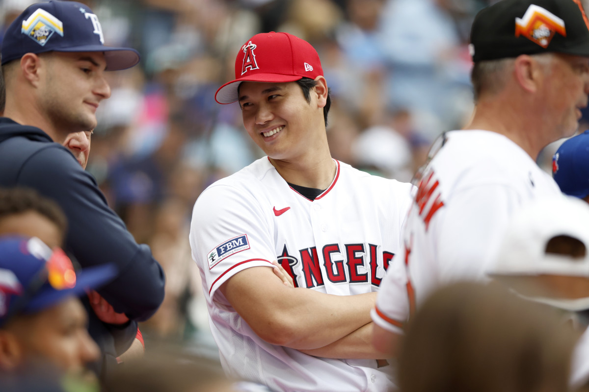 Jul 10, 2023; Seattle, Washington, USA; Los Angeles Angels player Shohei Ohtani during the All-Star Home Run Derby at T-Mobile Park. Mandatory Credit: Joe Nicholson-USA TODAY Sports
